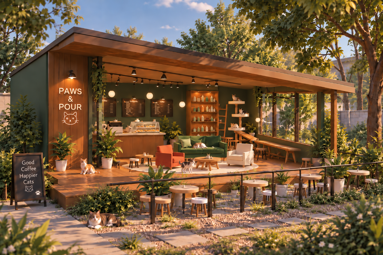 Paws & Pour garden cat café at golden hour