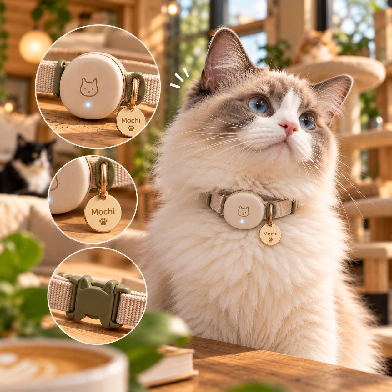 Mochi the Ragdoll wearing her Paws & Pour smart necklace